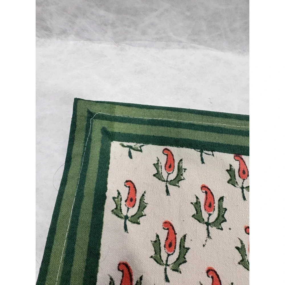 Vintage Set of‎ 6 Hand Block Print Placemats Green Red Paisley Cotton 18x12